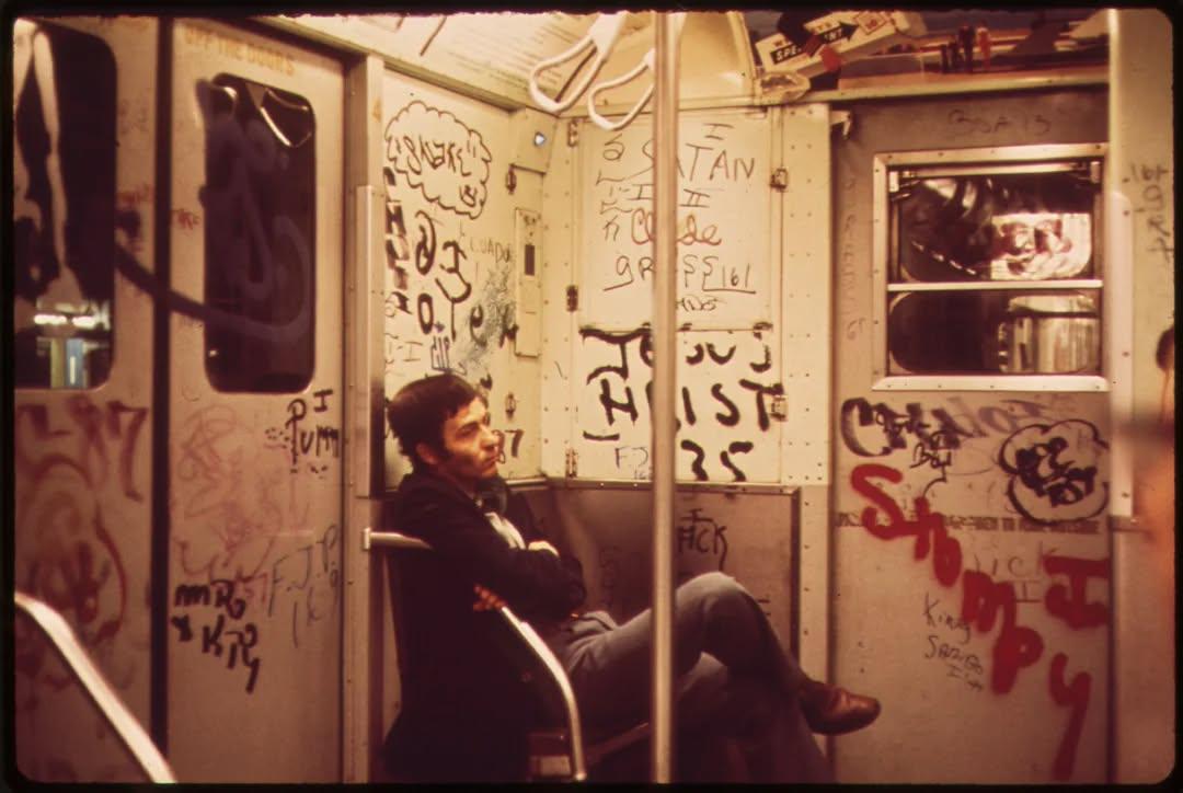 A lonely ride in the subway.